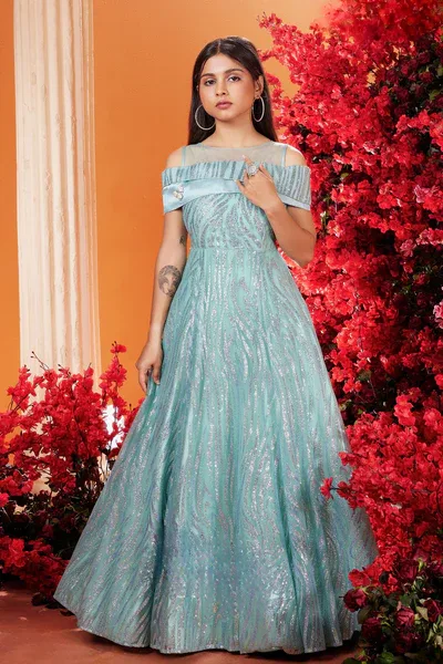 Girls Mint Green Shimmer Net Party Wear Gown With Cold Shoulder Neckline